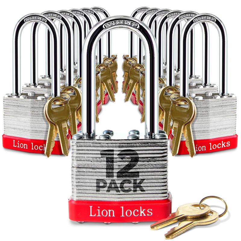 Lion Locks 12 Keyed Alike Padlocks with 2" Long Shackle, 24 Keys - Padlocks for Outdoor Use, Locks with Keys, Hardened Steel Case, Pick Resistant Brass Pin Cylinder for Hasp Latch, Locker, Gate - Image 1